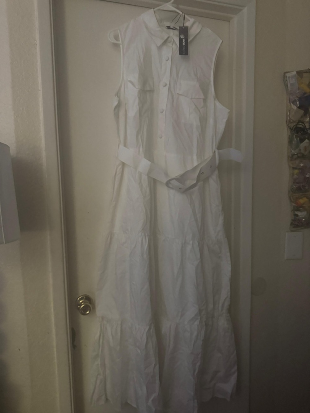 Fashion Nova Sleeveless White Tiered Maxi Dress with Belt